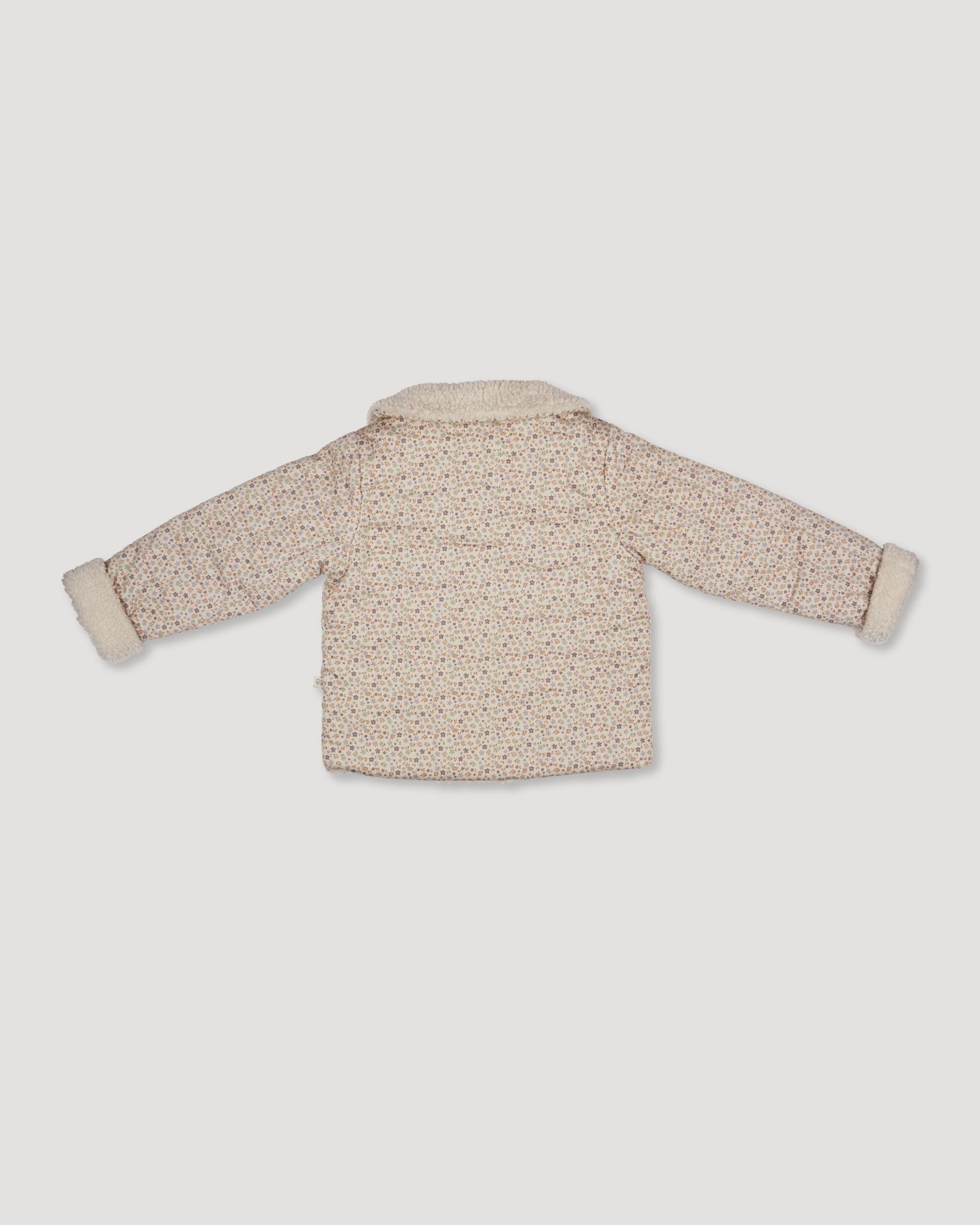 Early Sunday, Franka Jacket in Miny Flowers print, made from Printed 30s Cotton Twill fabric, featuring Cozy, softly structured jacket with a plush sherpa lining and gentle detailing for warmth without bulk, shown in a back flat-lay view