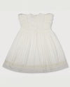 Early Sunday, Georgia Dress in Ivory print, made from Cotton Tiny Swiss Dots fabric, featuring Flutter sleeves, pintuck detailing, and a flowy, gathered silhouette, shown in a back flat-lay view