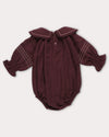Early Sunday, Gladys Baby Bubble Romper in Plum, made from Cotton Double Gauze fabric, featuring a floral embroidered collar with beautiful lace yoke, shown in a back flat-lay view