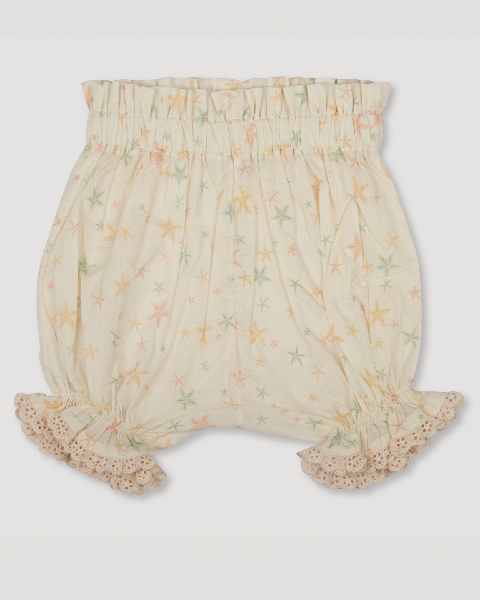 Early Sunday, Holly Baby Shorts in Star Fish print, made from Printed Cotton Cambric fabric, featuring wide brim for sun protection, designed to be lightweight and comfortable for all-day wear, shown in a back flat-lay view
