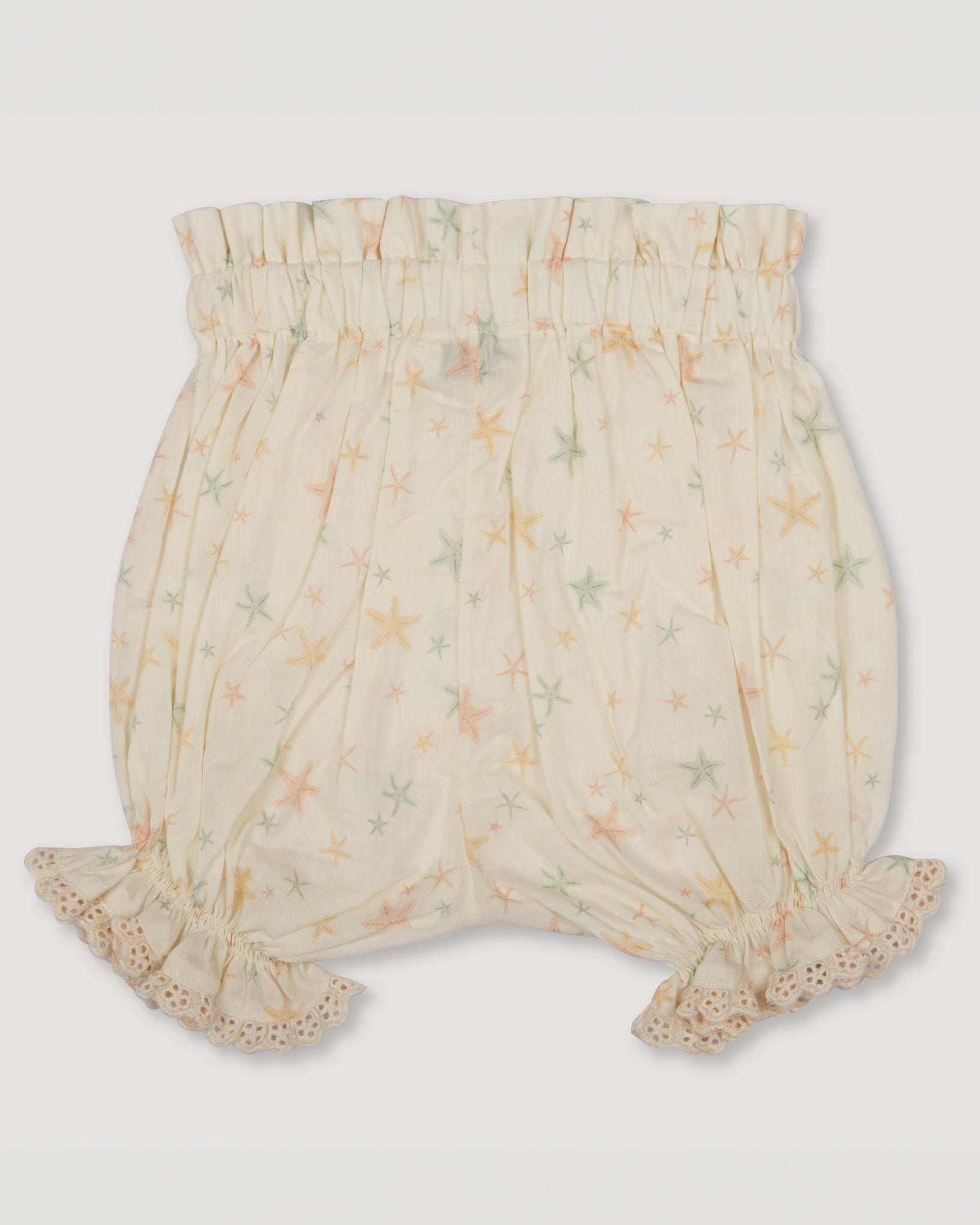 Early Sunday, Holly Baby Shorts in Star Fish print, made from Printed Cotton Cambric fabric, featuring wide brim for sun protection, designed to be lightweight and comfortable for all-day wear, shown in a front flat-lay view