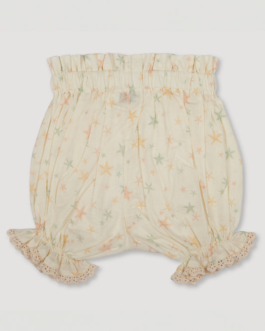 Early Sunday, Holly Baby Shorts in Star Fish print, made from Printed Cotton Cambric fabric, featuring wide brim for sun protection, designed to be lightweight and comfortable for all-day wear, shown in a front flat-lay view