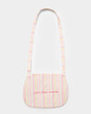 Early Sunday, Hudson Purse in Pink Stripes print, made from 70% Cotton, 30% Linen fabric, featuring a gathered sling purse design with a flap closure, shown in a back flat-lay view