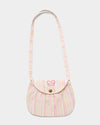 Early Sunday, Hudson Purse in Pink Stripes print, made from 70% Cotton, 30% Linen fabric, featuring a gathered sling purse design with a flap closure, shown in a front flat-lay view