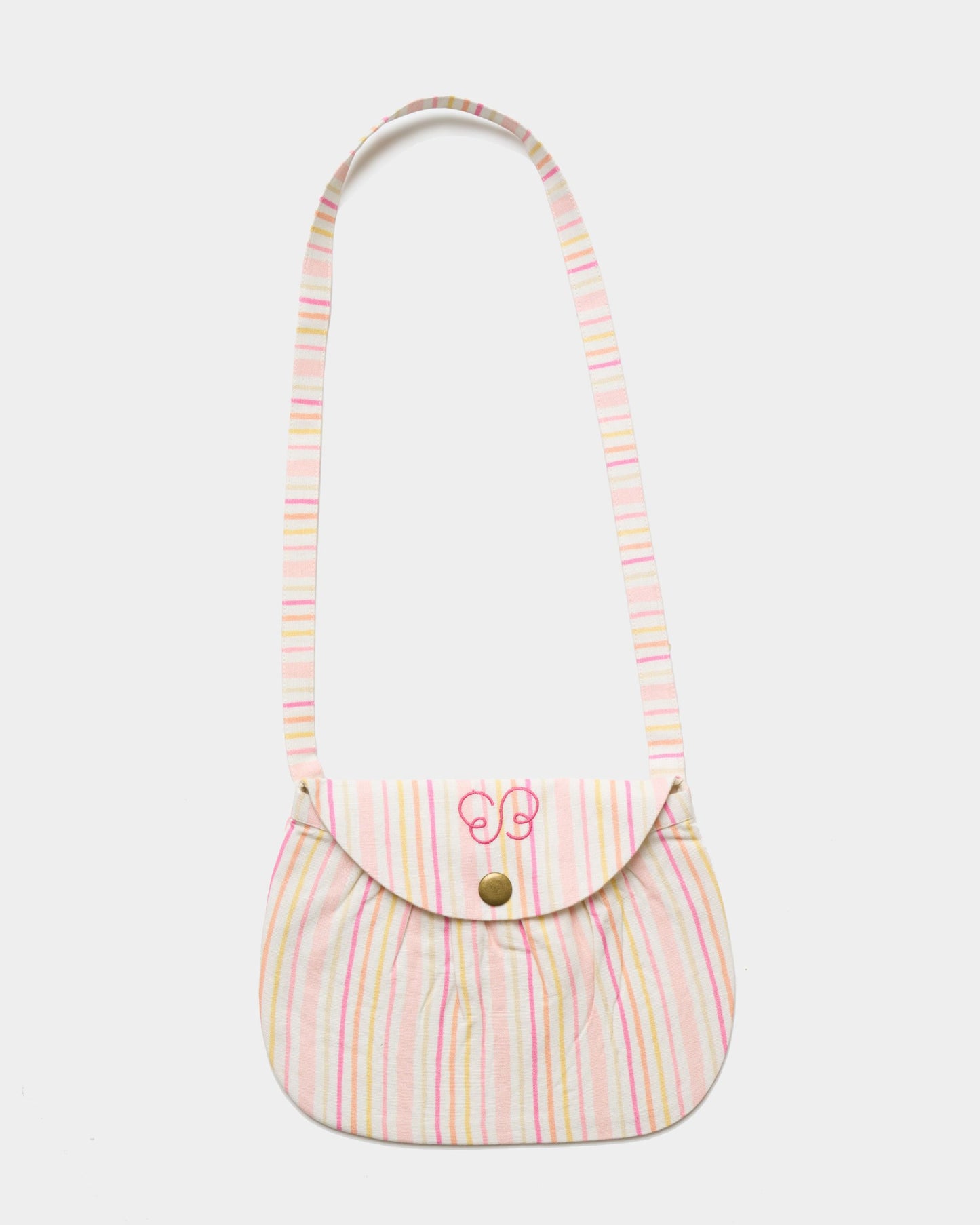Early Sunday, Hudson Purse in Pink Stripes print, made from 70% Cotton, 30% Linen fabric, featuring a gathered sling purse design with a flap closure, shown in a front flat-lay view