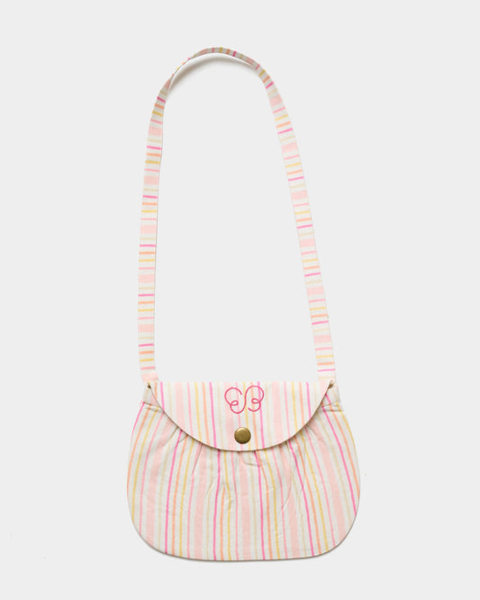 Early Sunday, Hudson Purse in Pink Stripes print, made from 70% Cotton, 30% Linen fabric, featuring a gathered sling purse design with a flap closure, shown in a front flat-lay view