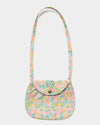Early Sunday, Hudson Purse in Emma Floral Mint color, made from Organic Printed Cotton Cambric fabric, featuring a gathered sling purse design with a flap closure, shown in front flat-lay view