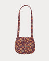 Early Sunday, Hudson Purse in Garden Flowers Plum, made from Printed Cotton Satin fabric, featuring a gathered sling purse design with a flap closure, shown in a back flat-lay view