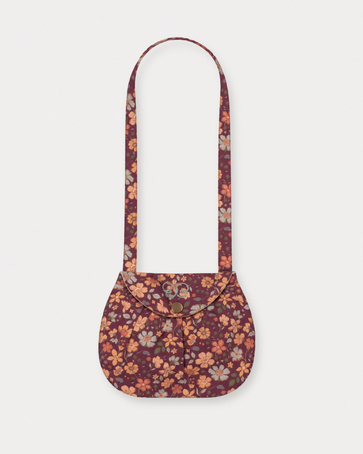 Early Sunday, Hudson Purse in Garden Flowers Plum, made from Printed Cotton Satin fabric, featuring a gathered sling purse design with a flap closure, shown in a front flat-lay view