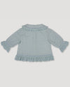 Early Sunday, Iris Blouse in Sea Dream color, made from All-Over Eyelet Embroidered Cotton Schifflie fabric, featuring relaxed fit with delicate detailing for a timeless and feminine look, shown in a back flat-lay view