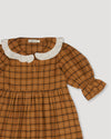 Early Sunday, Jacky Dress in Almond Checks, made from Cotton Yarn Dyed Brushed Checks fabric, featuring White contrast scallop-edge collar adds a sweet vintage touch, shown in a closeup flat-lay view