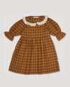 Early Sunday, Jacky Dress in Almond Checks, made from Cotton Yarn Dyed Brushed Checks fabric, featuring White contrast scallop-edge collar adds a sweet vintage touch, shown in a front flat-lay view