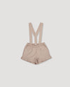 Early Sunday, Joseph Short Dungaree in Beige, made from Cotton Corduroy fabric, featuring short dungaree with adjustable straps, shown in a front flat-lay view