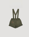 Early Sunday, Joseph Short Dungaree in Moss, made from Cotton Corduroy fabric, featuring short dungaree with adjustable straps, shown in a front flat-lay view