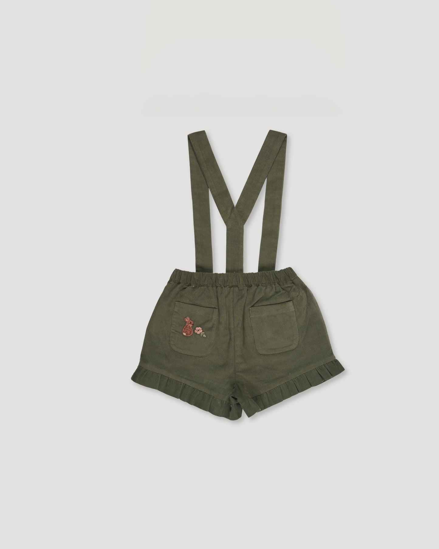 Early Sunday, Joseph Short Dungaree in Moss, made from Cotton Corduroy fabric, featuring short dungaree with adjustable straps, shown in a front flat-lay view