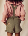 Early Sunday, Joseph Short Dungaree in Moss, made from Cotton Corduroy fabric, featuring short dungaree with adjustable straps, shown in a back view of model wearing it