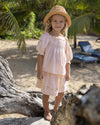 Early Sunday, Judith Blouse in Warm Sand color, made from Cotton Seersucker fabric, featuring relaxed fit with delicate finishes, combining style and functionality, shown in a front view of model wearing it
