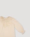Early Sunday, Julianne Blouse in Hazelnut Cream, made from Dyed Cotton Swiss Dobby Tiny Dots fabric, featuring Comfort-first design with a playful silhouette, shown in a closeup flat-lay view