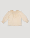 Early Sunday, Julianne Blouse in Hazelnut Cream, made from Dyed Cotton Swiss Dobby Tiny Dots fabric, featuring Comfort-first design with a playful silhouette, shown in a front flat-lay view