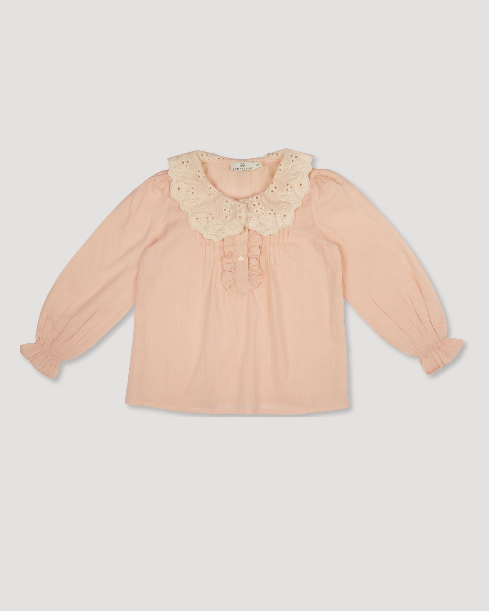 Early Sunday, Julianne Blouse in Nude, made from Dyed Cotton Swiss Dobby Tiny Dots fabric, featuring Comfort-first design with a playful silhouette, shown in a front flat-lay view