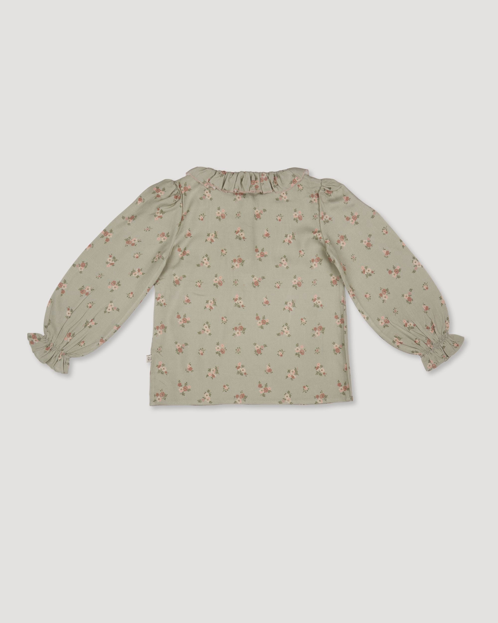 Early Sunday, Julianne Blouse in Ditsy Bouquet Jade print, made from Printed Viscose Rayon Twill fabric, featuring Comfort-first design with a playful silhouette, shown in a back flat-lay view