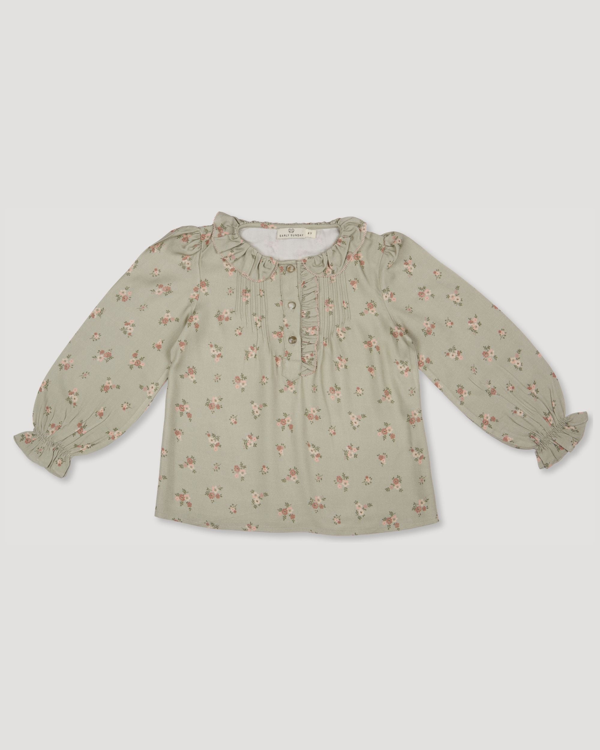 Early Sunday, Julianne Blouse in Ditsy Bouquet Jade print, made from Printed Viscose Rayon Twill fabric, featuring Comfort-first design with a playful silhouette, shown in a front flat-lay view