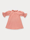 Early Sunday, Julie Dress in Blush Pink, made from Cotton Satin fabric, featuring cute floral embroidery on a Peter Pan collar with a smocked chest, shown in a back flat-lay view