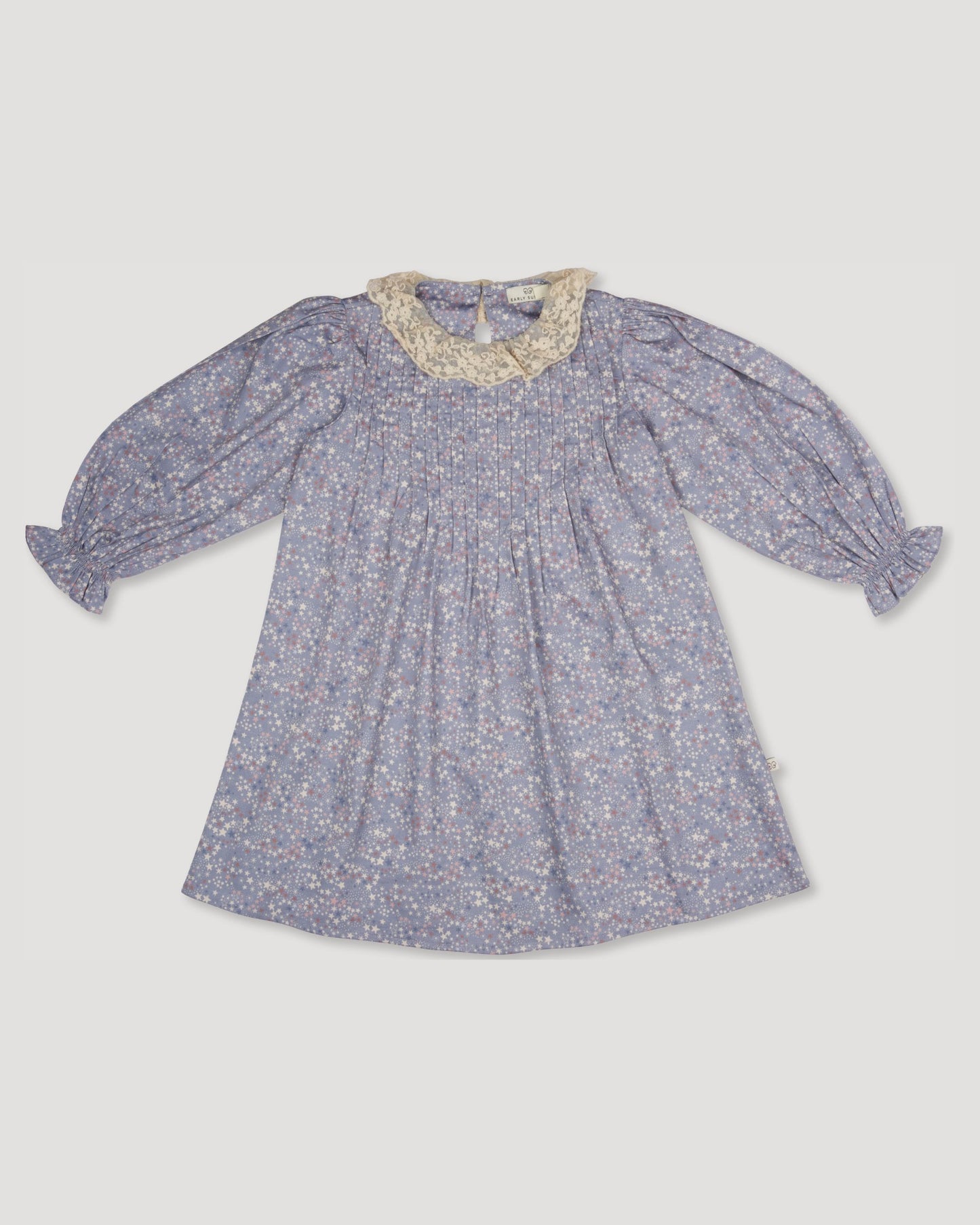 Early Sunday, Julie Dress in Celestial print, made from Printed Cotton Satin fabric, featuring Delicate lace collar paired with a softly structured silhouette for a refined, timeless finish, shown in a front flat-lay view
