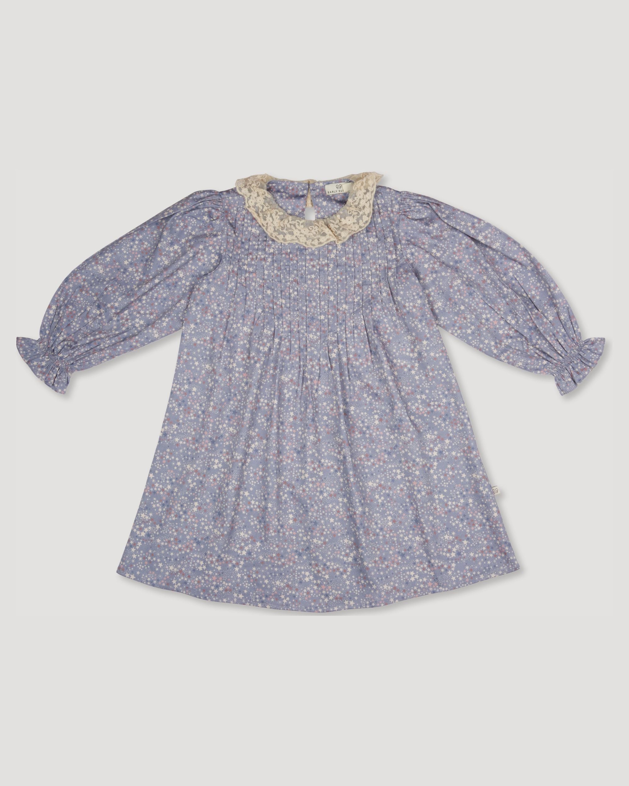 Early Sunday, Julie Dress in Celestial print, made from Printed Cotton Satin fabric, featuring Delicate lace collar paired with a softly structured silhouette for a refined, timeless finish, shown in a front flat-lay view