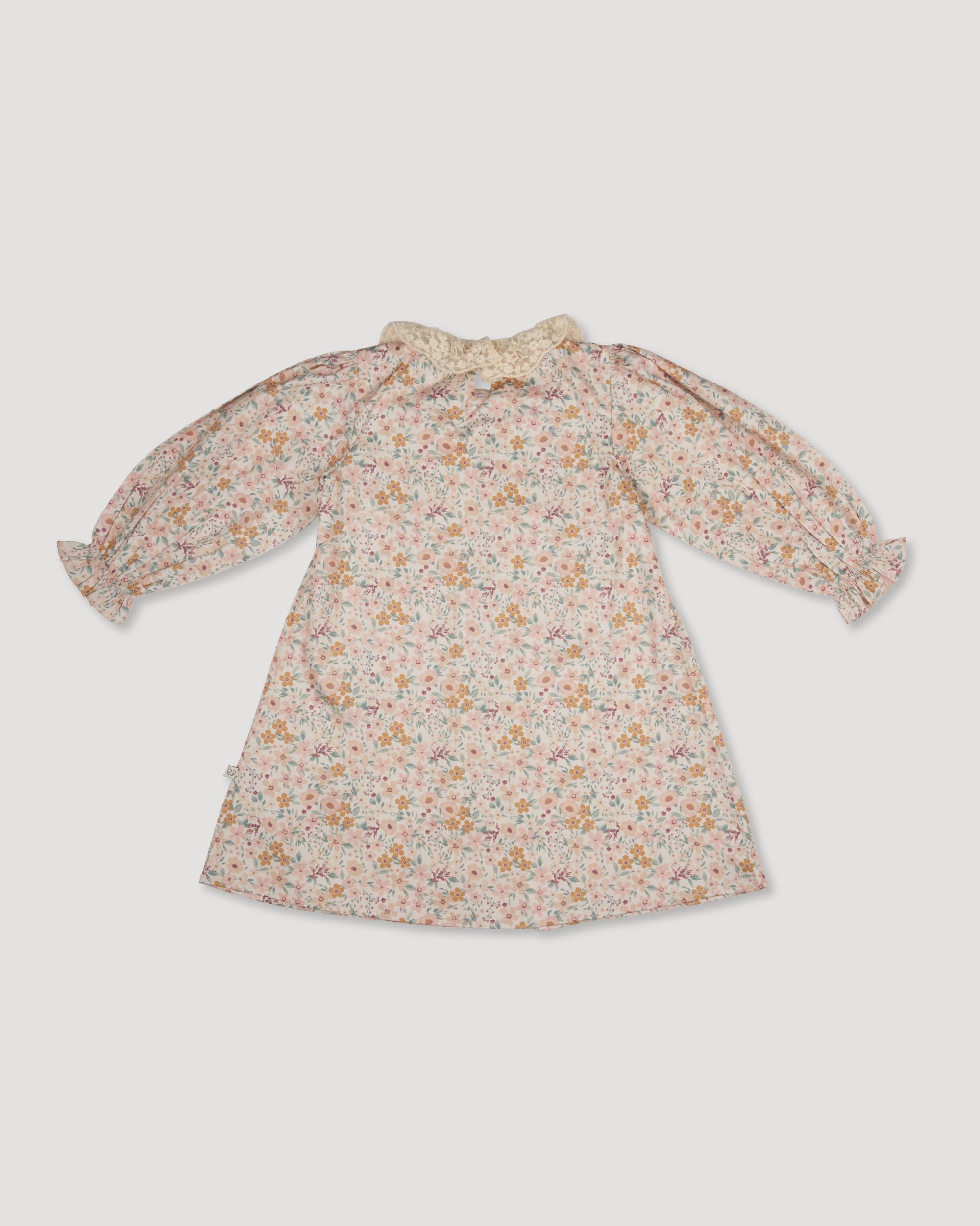 Early Sunday, Julie Dress in Floral print, made from Printed Cotton Satin fabric, featuring Delicate lace collar paired with a softly structured silhouette for a refined, timeless finish, shown in a back flat-lay view