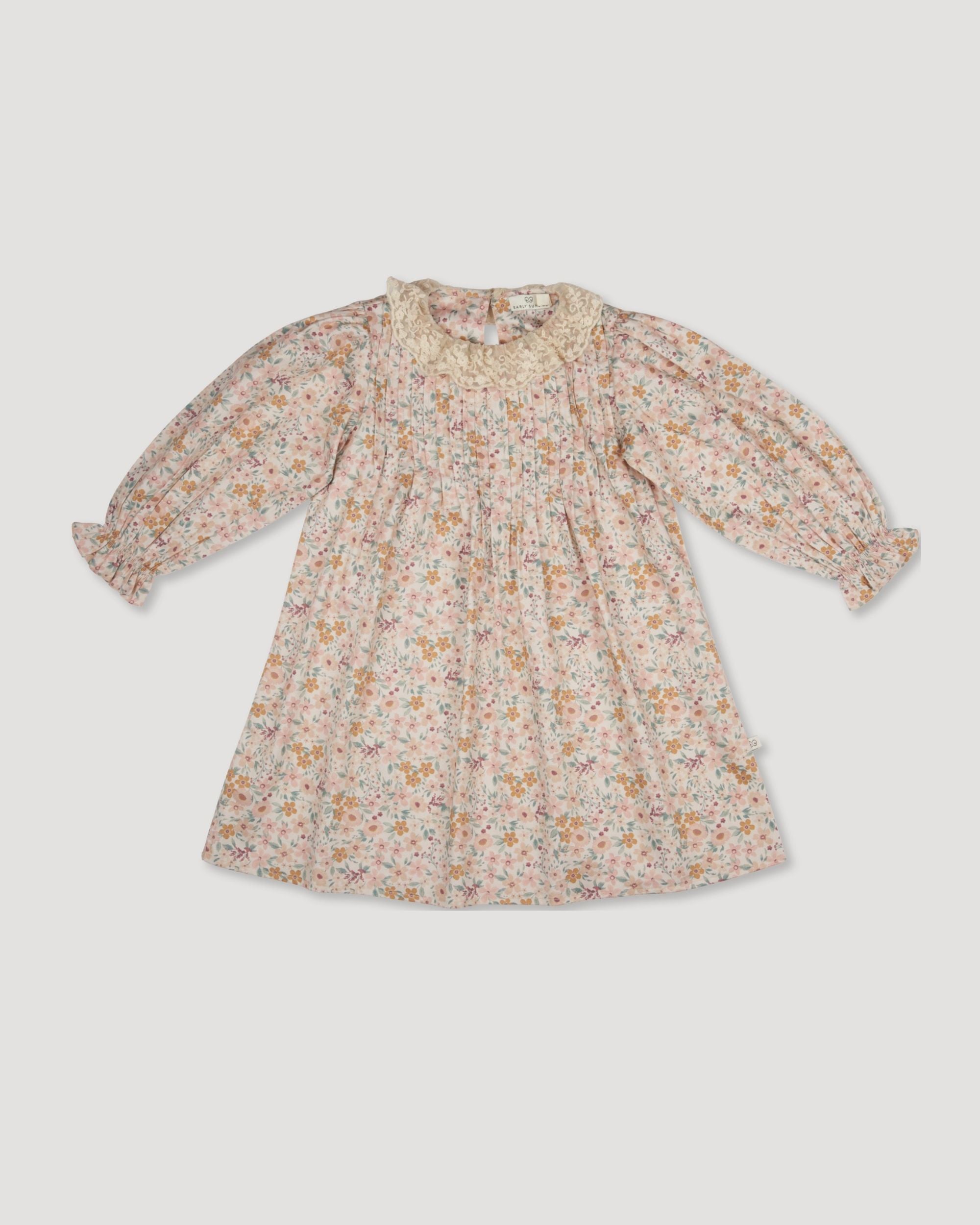 Early Sunday, Julie Dress in Floral print, made from Printed Cotton Satin fabric, featuring Delicate lace collar paired with a softly structured silhouette for a refined, timeless finish, shown in a front flat-lay view