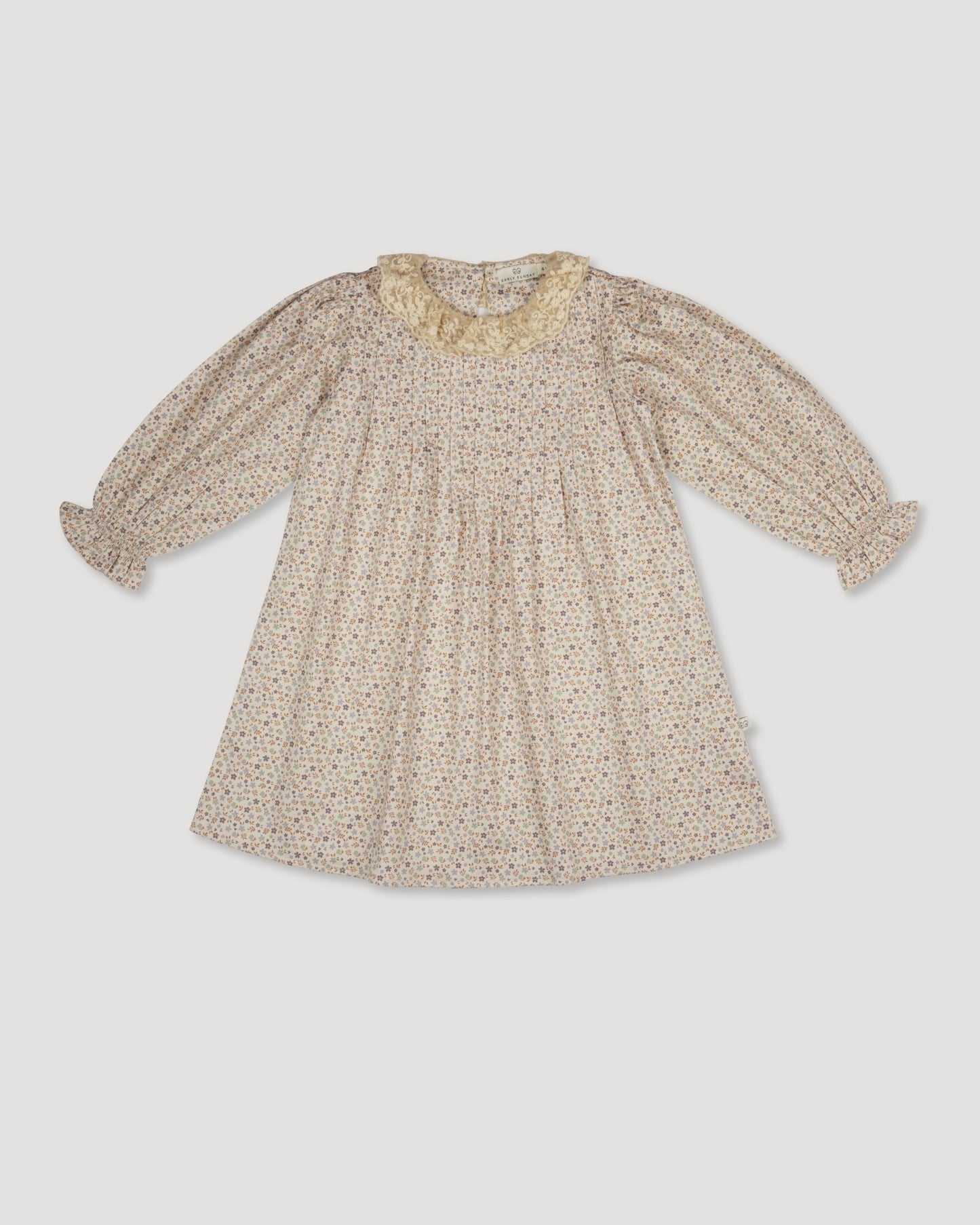 Early Sunday, Julie Dress in Miny Flowers print, made from Printed Cotton Satin fabric, featuring Delicate lace collar paired with a softly structured silhouette for a refined, timeless finish, shown in a front flat-lay view