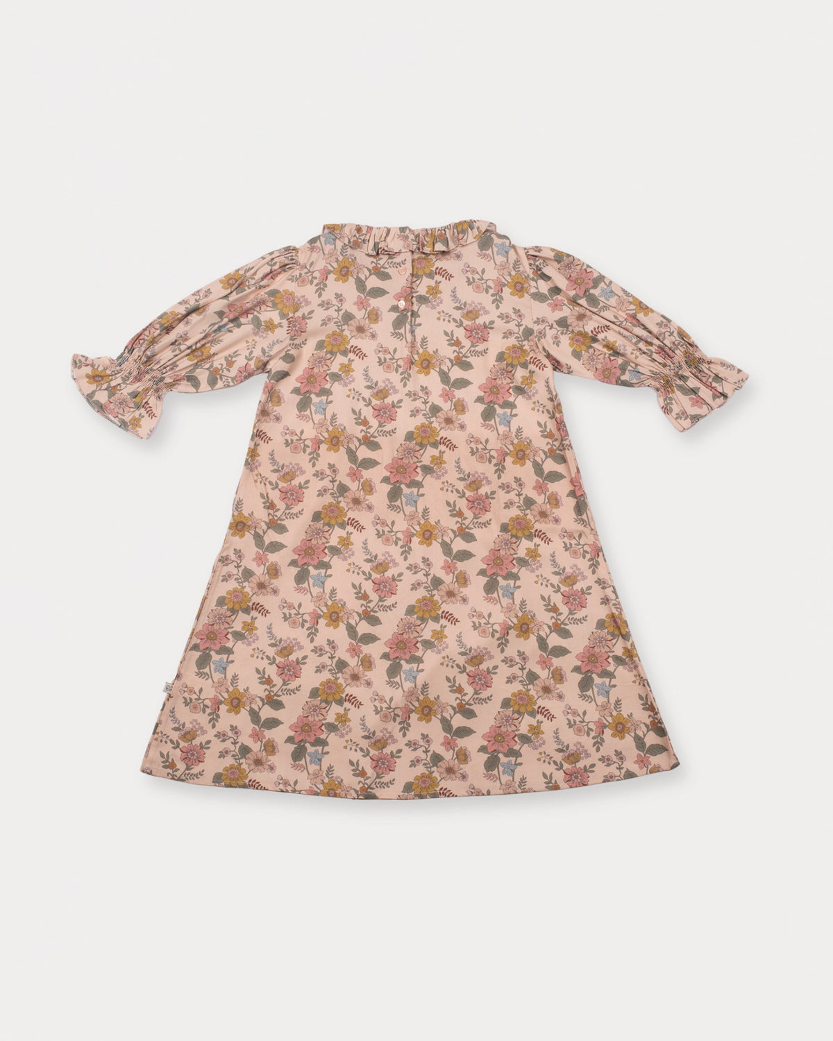 Early Sunday, Julie Dress in Bloom, made from Printed Viscose Twill fabric, featuring puffy gathered sleeves with frilled neckline, shown in a back flat-lay view