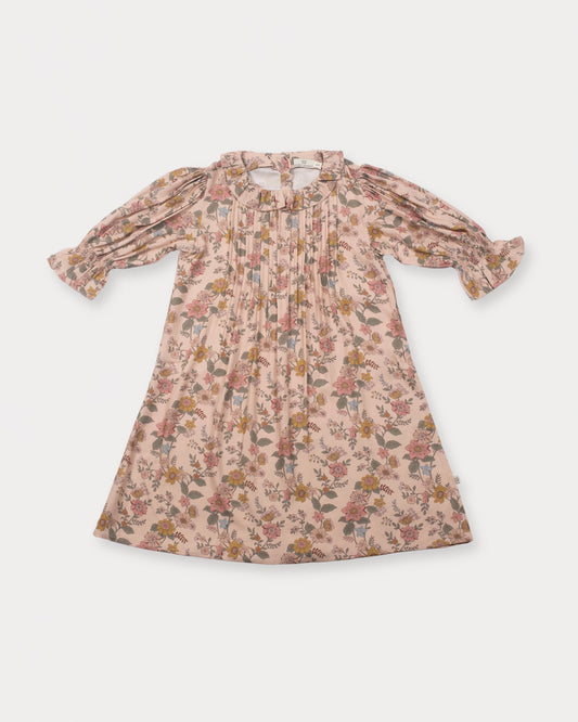 Early Sunday, Julie Dress in Bloom, made from Printed Viscose Twill fabric, featuring puffy gathered sleeves with frilled neckline, shown in a front flat-lay view