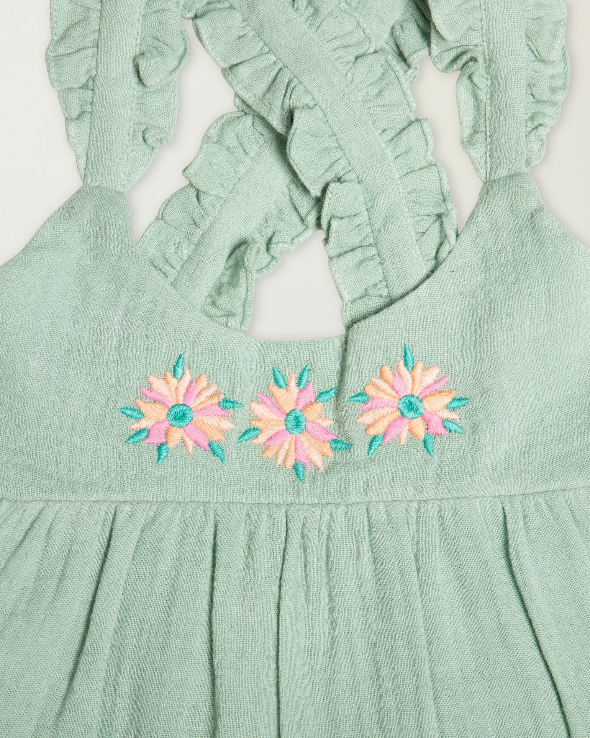 Early Sunday, Laura Dress in Mint color, made from 100% cotton double gauze solid fabric, featuring Crisscross ruffle straps with delicate trim accents and a softly gathered tiered skirt, shown in a closeup flat-lay view