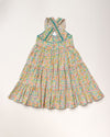 Early Sunday, Laura Dress in Emma Floral Mint color, made from printed 60s cotton cambric fabric, featuring Crisscross ruffle straps with delicate trim accents and a softly gathered tiered skirt, shown in a back flat-lay view