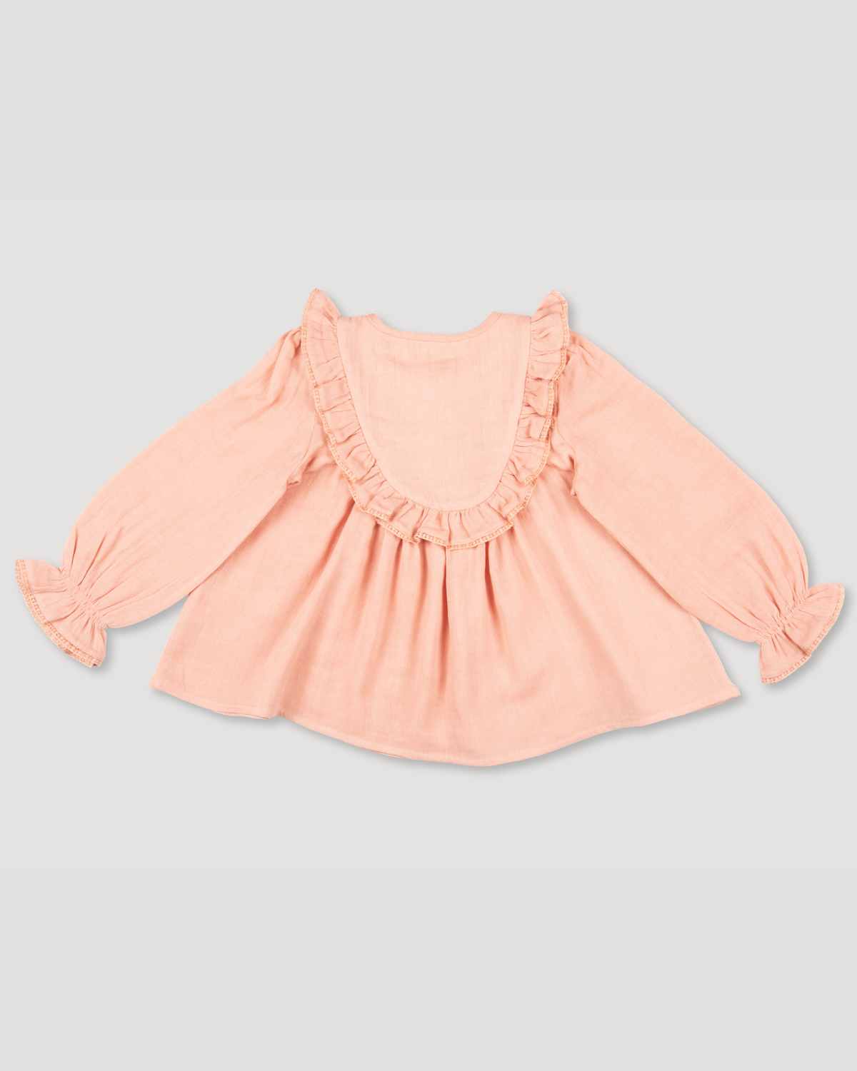 Early Sunday, Lauren Blouse in Dusty Pink, made from Cotton Double Gauze fabric, featuring relaxed fit with a floral embroidered yoke, shown in a back flat-lay view