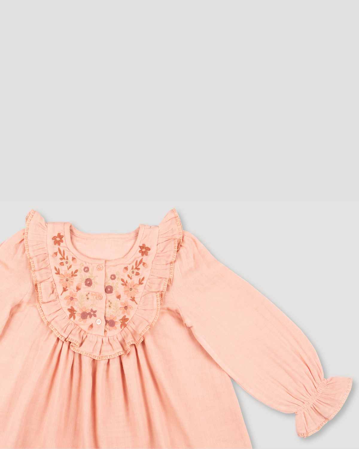 Early Sunday, Lauren Blouse in Dusty Pink, made from Cotton Double Gauze fabric, featuring relaxed fit with a floral embroidered yoke, shown in closeup flat-lay view