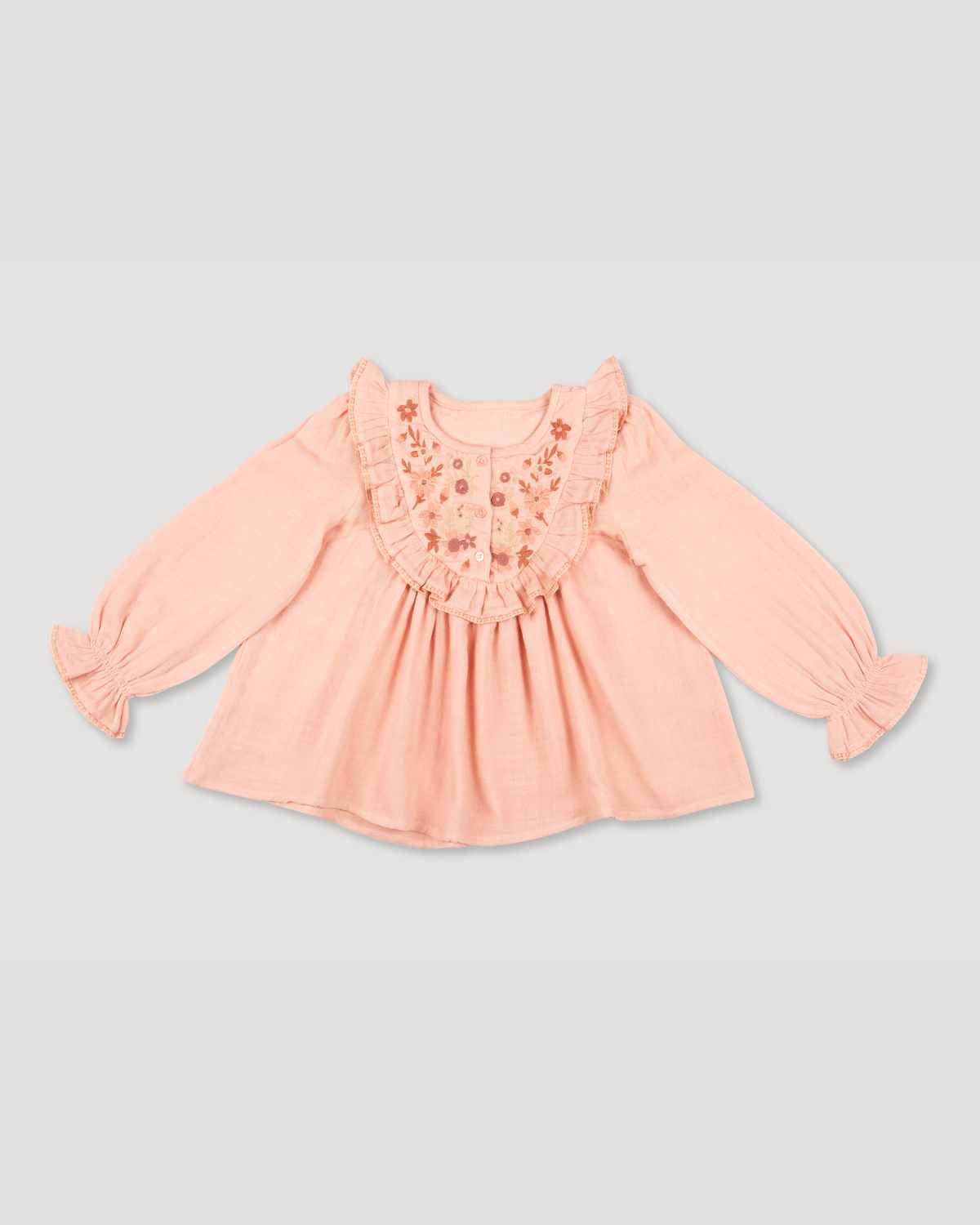Early Sunday, Lauren Blouse in Dusty Pink, made from Cotton Double Gauze fabric, featuring relaxed fit with a floral embroidered yoke, shown in a front flat-lay view