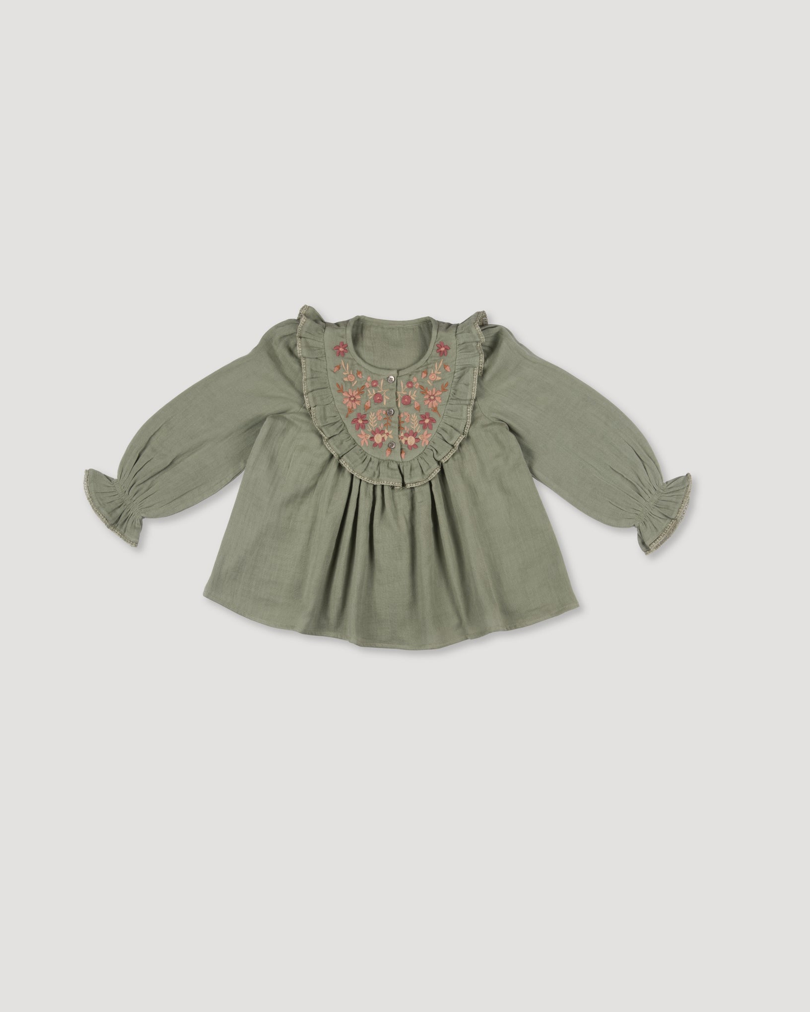 Early Sunday, Lauren Blouse in Halcyon Green, made from Cotton Double Gauze fabric, featuring relaxed fit with a floral embroidered yoke, shown in a front flat-lay view