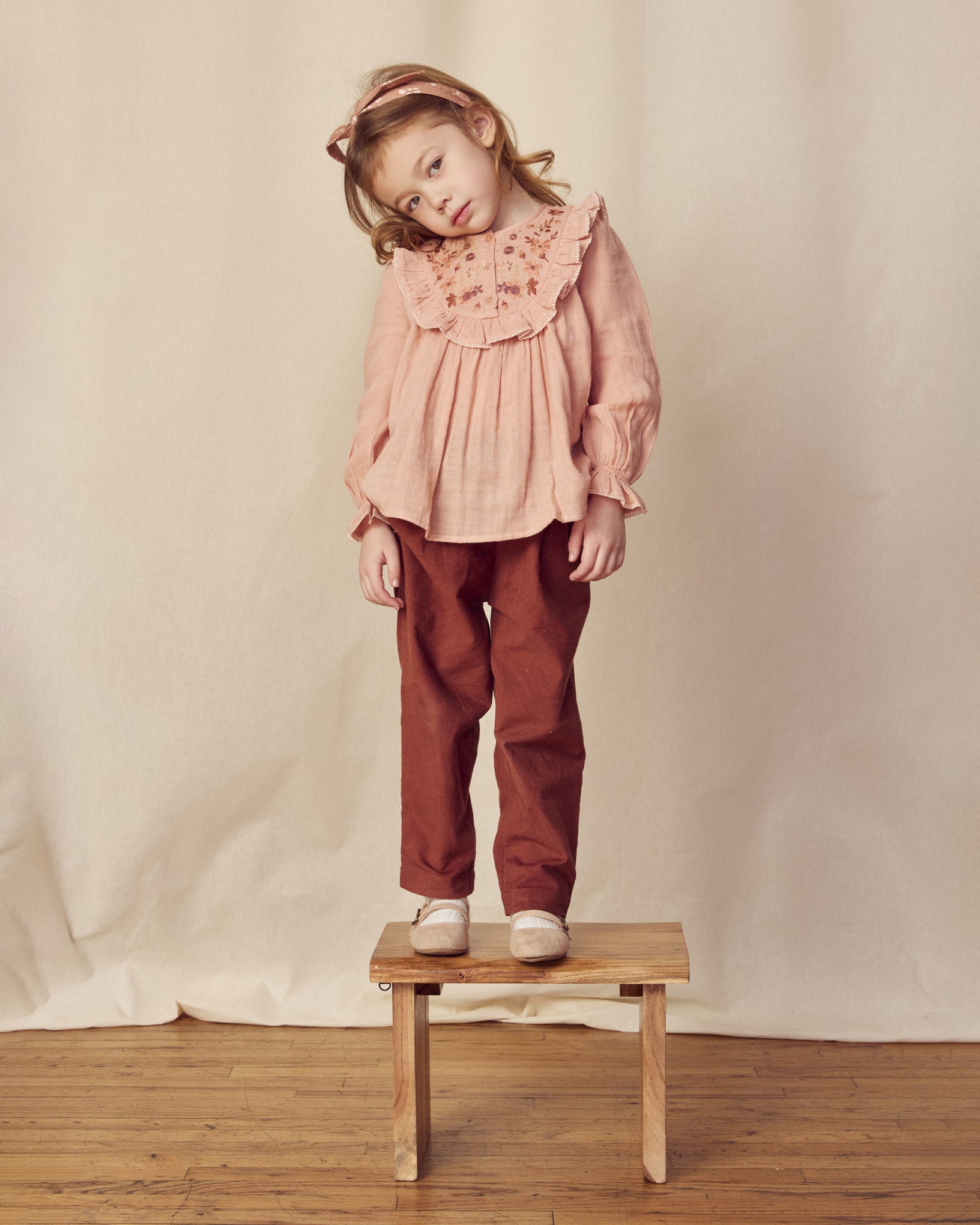 Early Sunday, Lauren Blouse in Dusty Pink, made from Cotton Double Gauze fabric, featuring relaxed fit with a floral embroidered yoke, shown in a front view of model wearing it