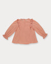 Early Sunday, Lauren Blouse in Blush, made from Cotton Jeera Dobby Voile fabric, featuring layered lace-trimmed ruffles and delicate pintuck detailing on the yoke, shown in a back flat-lay view