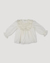 Early Sunday, Lauren Blouse in Ecru, made from Cotton Swiss Dobby fabric, featuring relaxed fit with a floral embroidered yoke, shown in a front flat-lay view