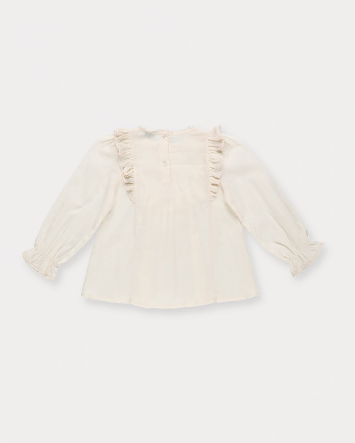Early Sunday, Lauren Blouse in Plum, made from Printed Cotton Satin fabric, featuring layered lace-trimmed ruffles and delicate pintuck detailing on the yoke, shown in a back flat-lay view