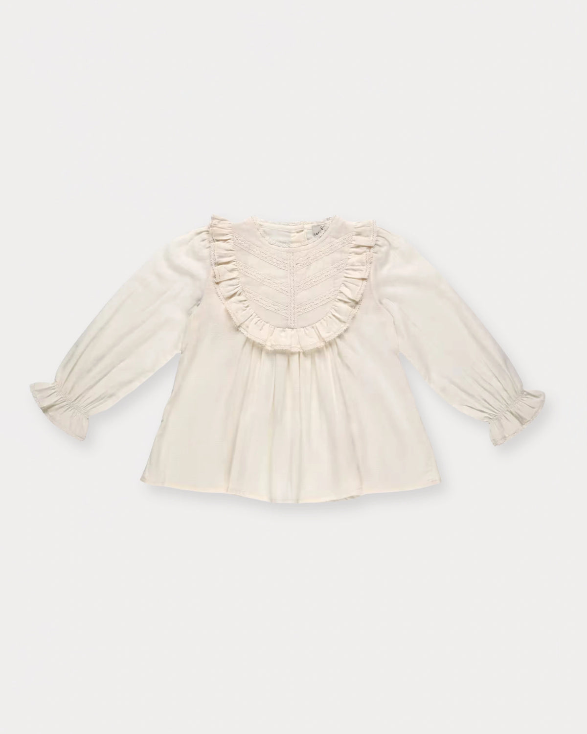 Early Sunday, Lauren Blouse in Plum, made from Printed Cotton Satin fabric, featuring layered lace-trimmed ruffles and delicate pintuck detailing on the yoke, shown in a front flat-lay view