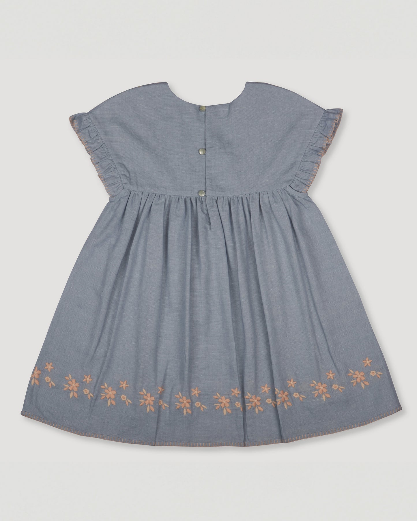 Early Sunday, Lila Dress in Ocean Blue color, made from Canvas 70% Cotton 30% Linen fabric, featuring a flattering mini dress with a relaxed fit, designed for comfort and effortless style, shown in back flat-lay view