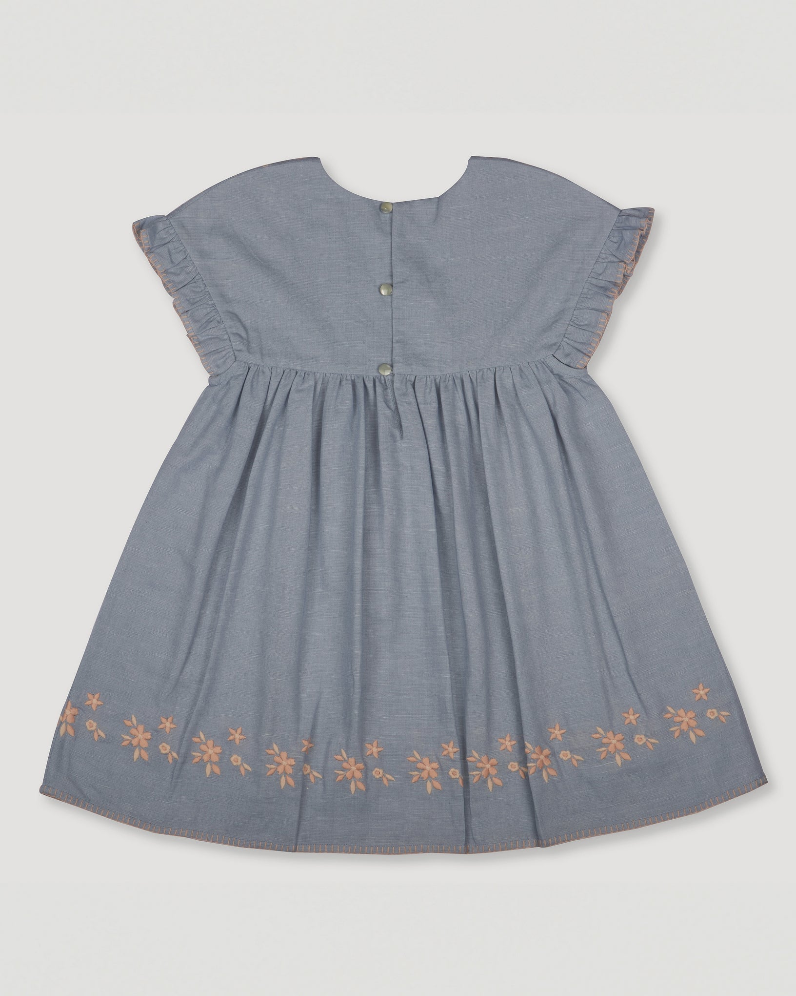 Early Sunday, Lila Dress in Ocean Blue color, made from Canvas 70% Cotton 30% Linen fabric, featuring a flattering mini dress with a relaxed fit, designed for comfort and effortless style, shown in back flat-lay view