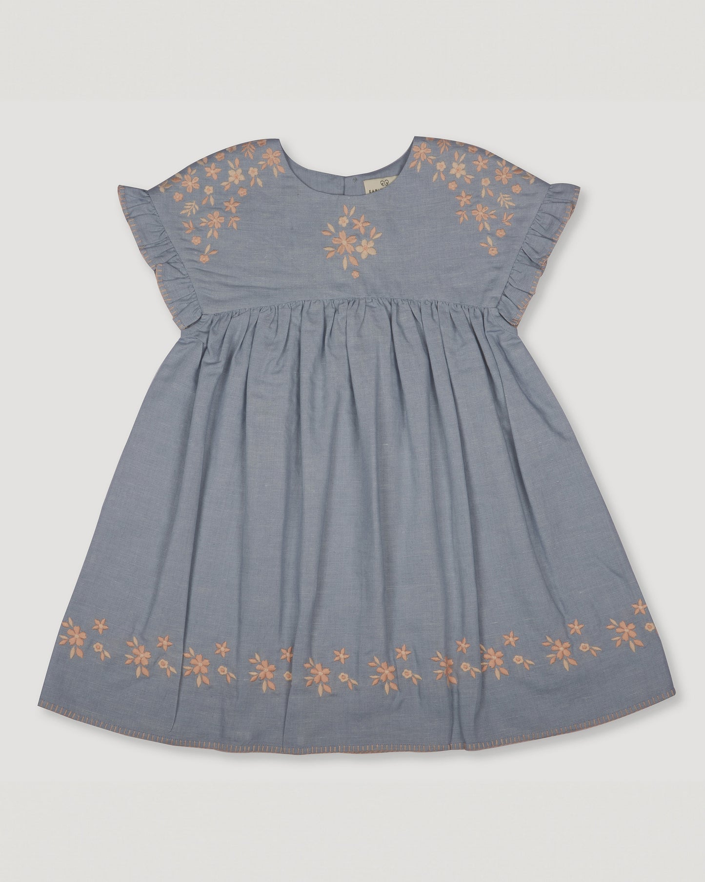 Early Sunday, Lila Dress in Ocean Blue color, made from Canvas 70% Cotton 30% Linen fabric, featuring a flattering mini dress with a relaxed fit, designed for comfort and effortless style, shown in front flat-lay view