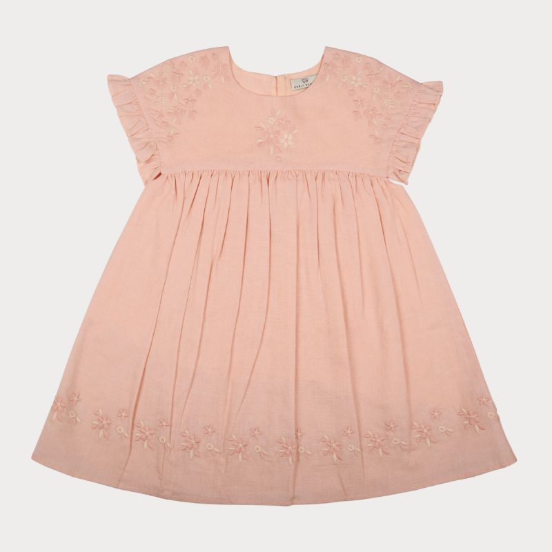 Early Sunday, Lila Dress in Pink Sand color, made from Canvas 70% Cotton 30% Linen fabric, featuring a flattering mini dress with a relaxed fit, designed for comfort and effortless style, shown in a front flat-lay view