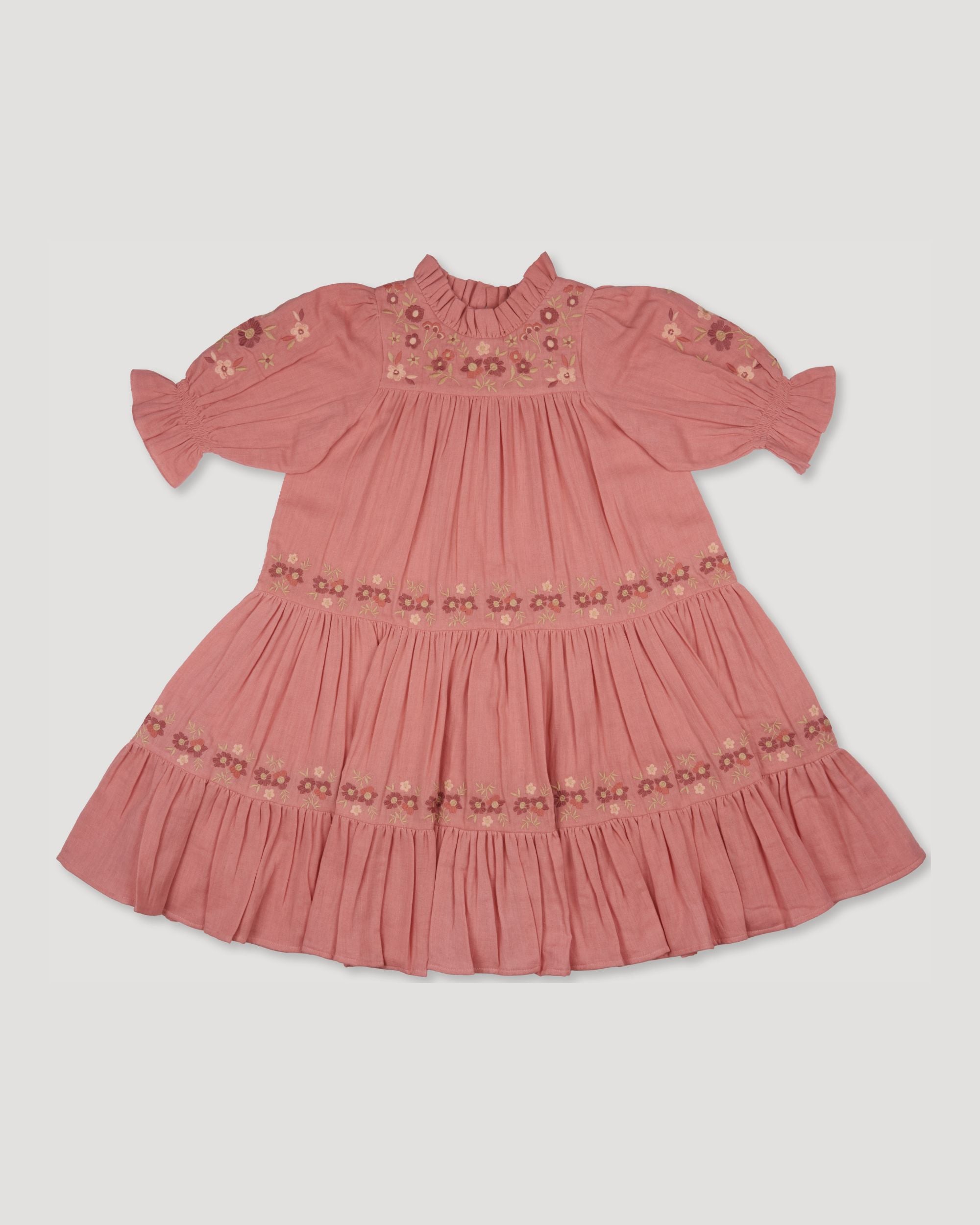 Early Sunday, Lilly Dress in Rose, made from Dyed Cotton Double Gauze fabric, featuring Delicate floral embroidery placed softly across the dress for a timeless, heirloom-inspired finish, shown in a front flat-lay view